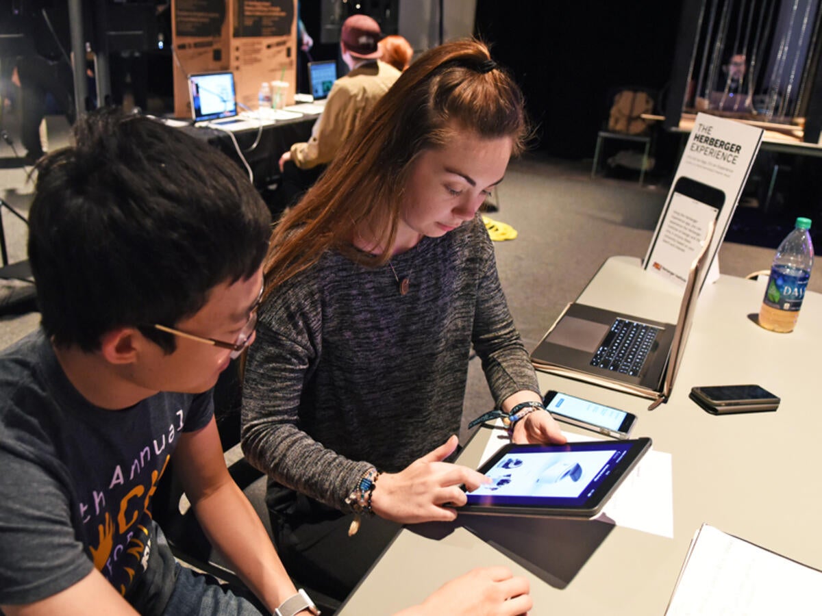 students studying tablet