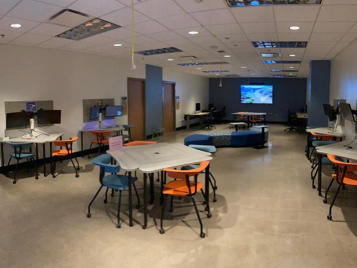 Newly remodeled Media Lounge, showing new furniture and layout